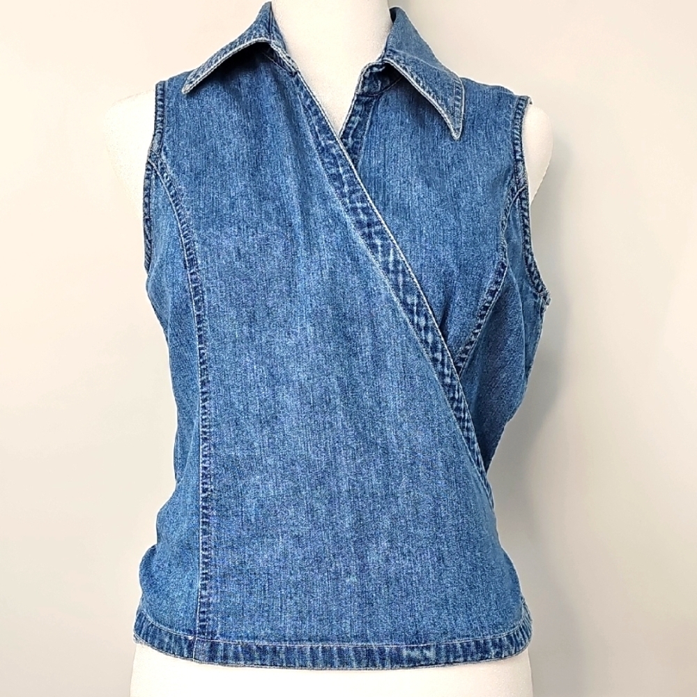 Ann Taylor Jeans Blue Jean Denim Wrap Blouse Sleeveless w‎ Collar Fits Sz:S